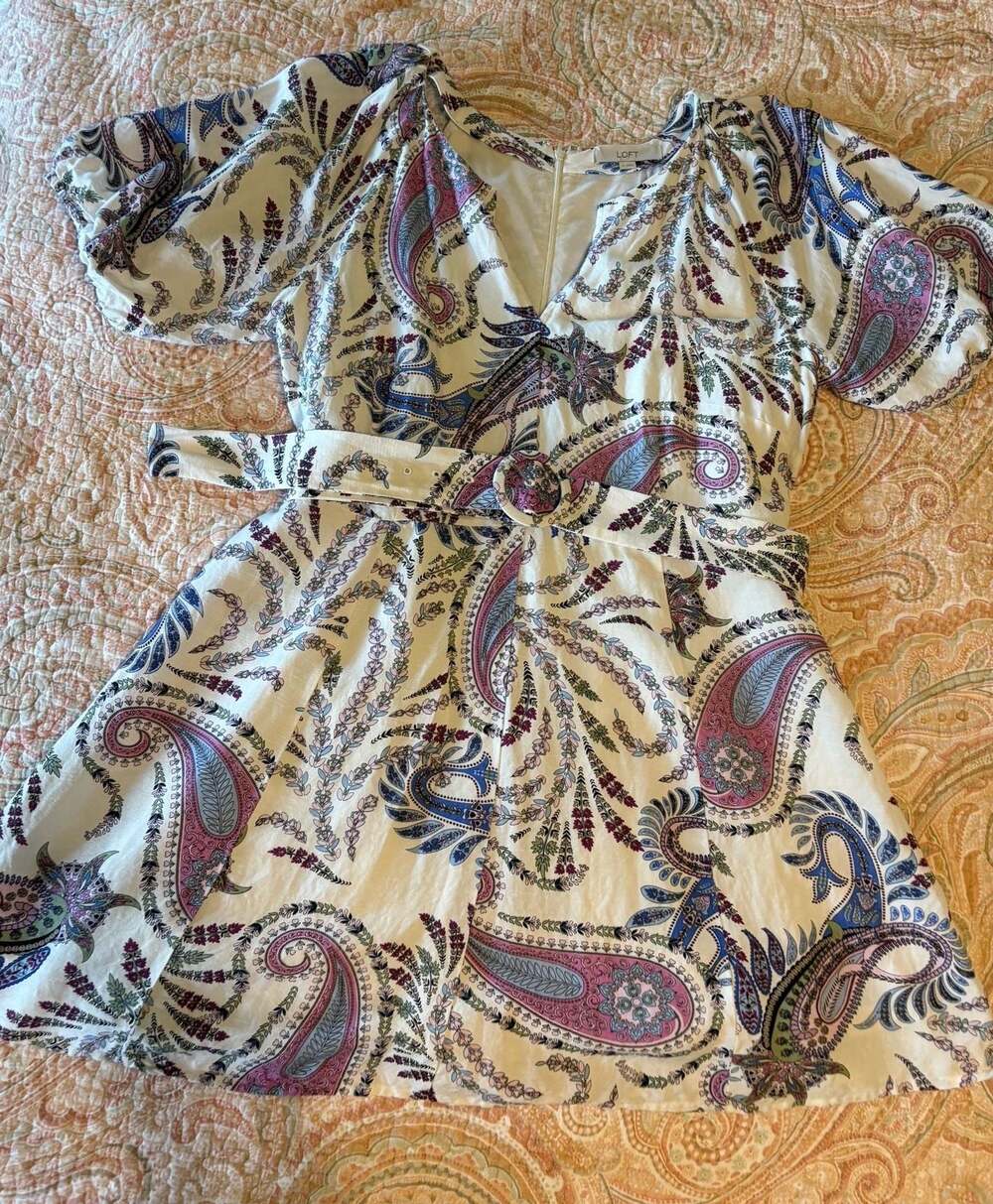 EUC LOFT Paisley Print Linen Blend Puff Sleeve Belted Dress, size 14